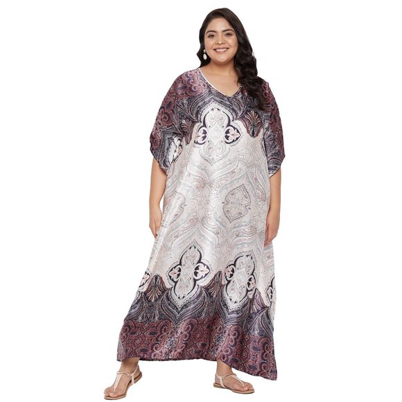 Women Paisley Printed Peach Satin Kaftan Maxi Beach Cover Up Dress by Gypsie Blu - Picture 1 of 7